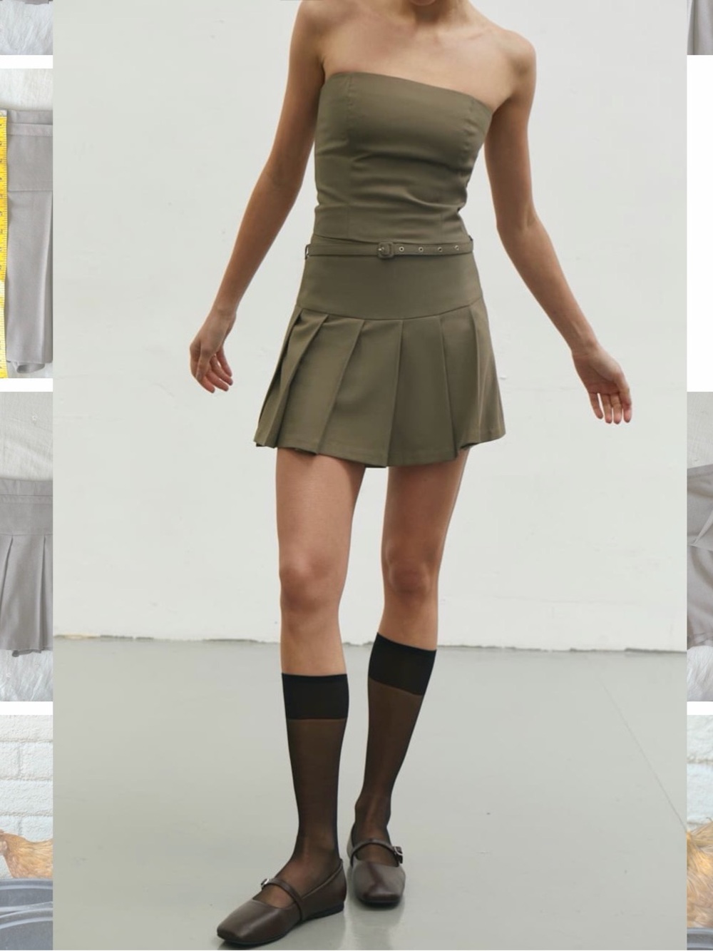 Olive Green Strapless Pleated Mini Skirt with Shorts